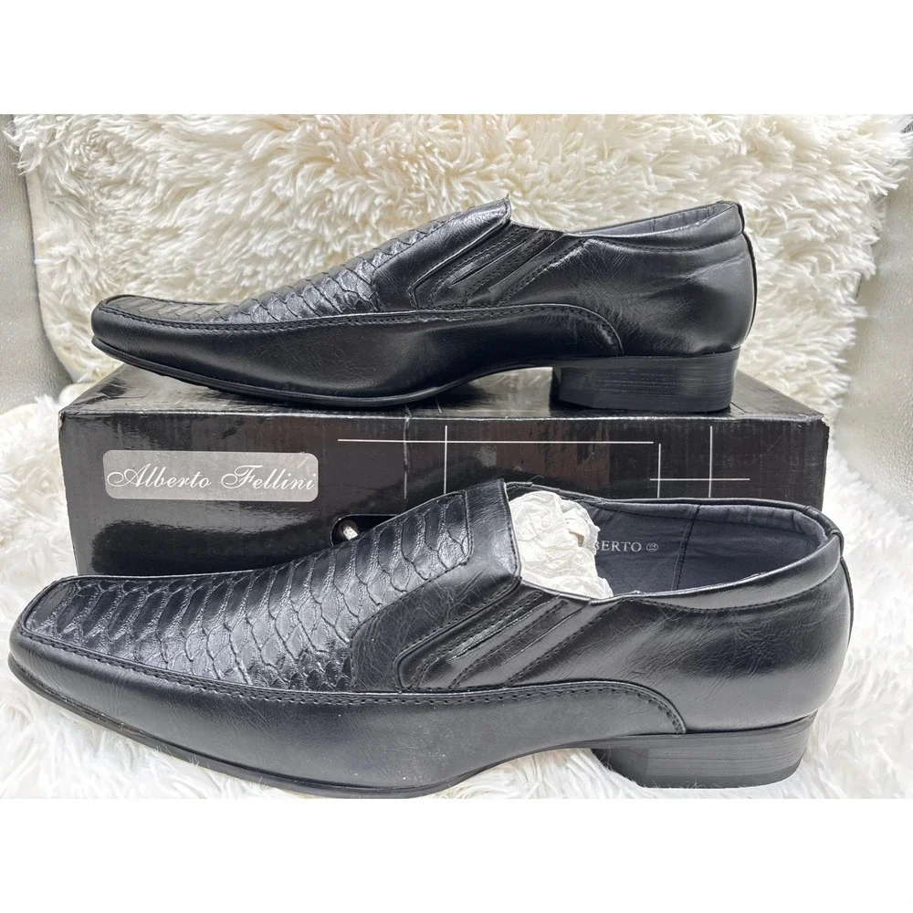 Alberto Fellini Mens Black Snakeskin Embossed Square Toe Slip On Loafers Size 12